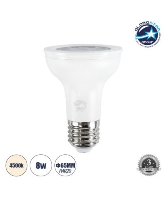 GloboStar® 60082 Λάμπα LED E27 PAR20 8W 776lm 90° AC 220-240V IP20 Φ6.5 x Υ8.5cm Φυσικό Λευκό 4500K - 3 Χρόνια Εγγύηση